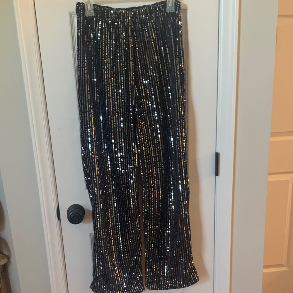 Women’s Shiny Black Trousers Pants w/ Silver Sequins Sz. Medium Unbranded